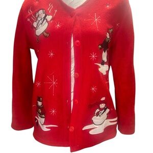 Fashion Bug Y2K Red Button Down Cardigan with Snowman